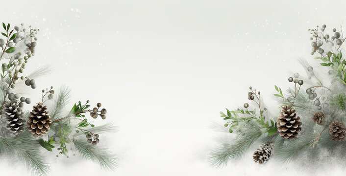 Christmas background with pine branches, white background, christmas foliage and cone branches