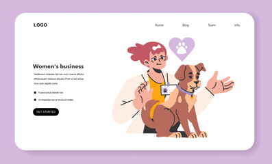 Pet veterinarian with a dog web banner or landing page. Female