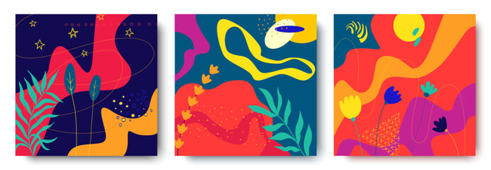 Fashionable posters and postcards with flowers and abstract patterns. Summer bright colorful abstract poster collection. A set of amazing floral patterns,wall design of apartments and offices