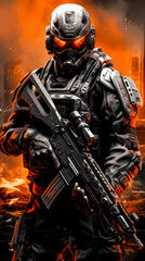 Fototapeta premium Soldier in military outfit, First person shooter concept, Fps game cover art.