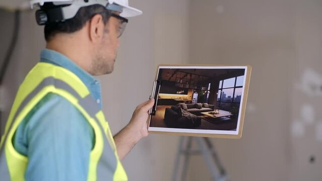 Experienced worker in protective helmet looking at picture of loft-style interior in hand contemporary project design of living room man in uniform standing in unfinished premise
