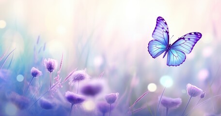 Fototapeta na wymiar Butterfly on purple meadow. Illustration AI Generative.