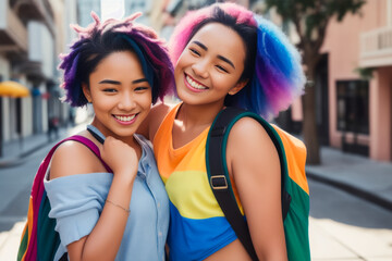 Fototapeta premium Digital photo of laughing and smiling cheerful school girls having fun spending leisure time together. Back to School concept. Generative AI
