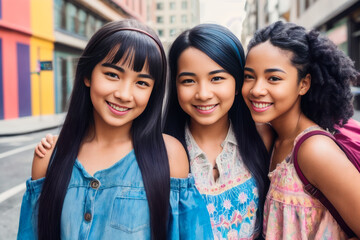 Obraz premium Digital photo of laughing and smiling cheerful school girls having fun spending leisure time together. Back to School concept. Generative AI