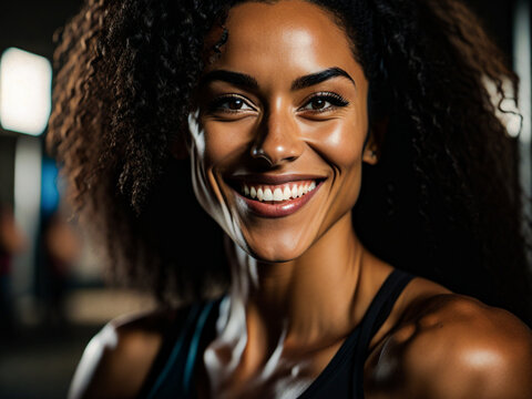 portrait of smiling middle aged woman in gym