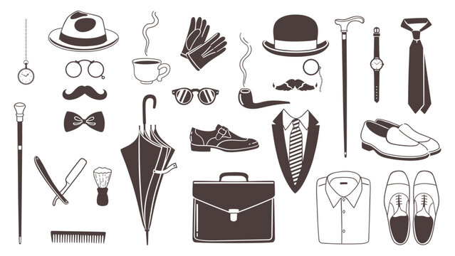 Men s collection in retro style. Gentleman s accessory set. Vector graphics