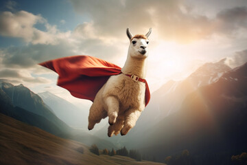 A superhero lama flying in the air. A dream-like portrait of a lama