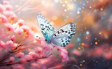 Pink flowers with butterfly. Illustration AI Generative.