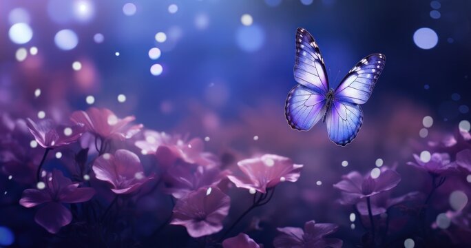 Butterfly on purple meadow. Illustration AI Generative.
