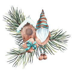 Christmas gnome, bird house and pine branches. Hand painted watercolor illustration isolated on white background.