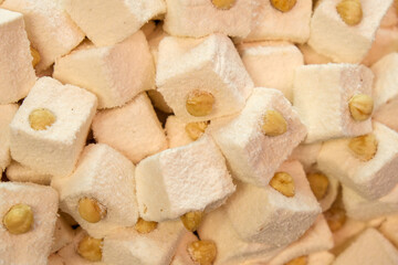 Close up Turkish Delight with Hazelnut and coconut.