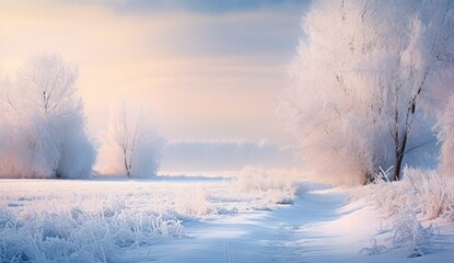Obraz na płótnie Canvas Winter snowy forest background. Illustration AI Generative