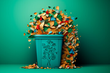 Recycle for a Greener Tomorrow: A Paper-Cut Illustration of a Full Recycling Bin. Generative AI Art Illustration