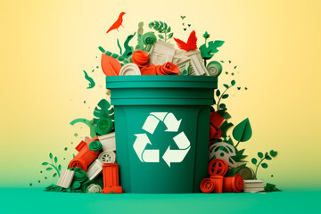 Waste Not, Want Not: A Paper-Cut Image of a Recycling Bin Filled with Recyclable Treasures. Generative AI Art Illustration