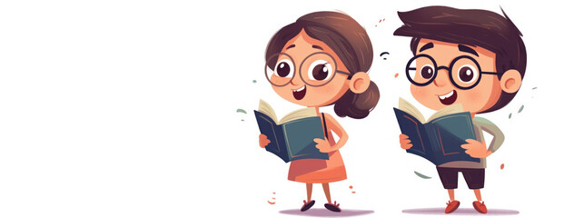 Obraz premium Illustration of boy and girl reading books. Banner with copy space