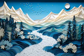 A paper-cut illustration of a clean river flowing through mountains and forests, promoting water conservation and preservation. Generative AI Art Illustration