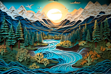 Harmony of Elements: A Paper-Cut Illustration of a Serene River Nurturing Majestic Mountains and Verdant Forests. Generative AI Art Illustration