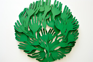 Hands United: A Paper-Cut Depiction of a Green Leaf Embraced by a Circle of Unity. Generative AI Art Illustration