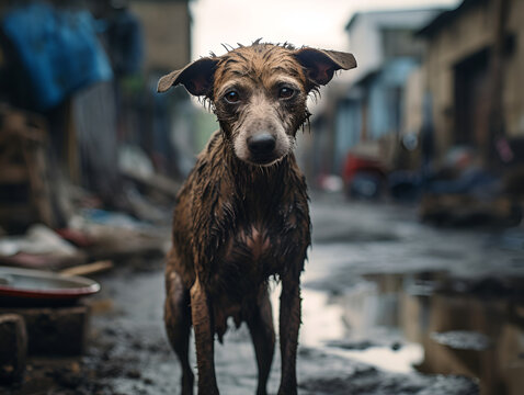 Poor sad hungry dirty homeless dog with sad face standing the street under the rain. Heartbreaking image of a hopeless homeless dog, selective focus. Save the homeless animals. AI generated