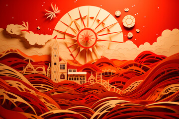 Power of Renewables: A Paper-Cut Image of a Sun with Wind Turbine and Solar Panel Rays. Generative AI Art Illustration