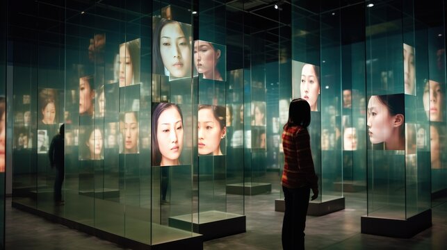A portrait installation combining real and reflected faces displayed in a mirrored room. It questions the concepts of identity, reflections and reality