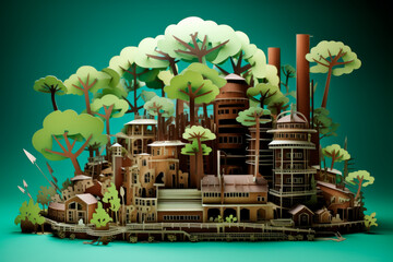 A paper-cut representation of a factory with a smokestack transforming into a blooming tree, advocating for green technologies.. Generative AI Art Illustration