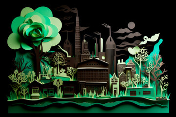 From Smoke to Blooms: A Paper-Cut Image of a Factory Transforming into a Green Tree. Generative AI Art Illustration