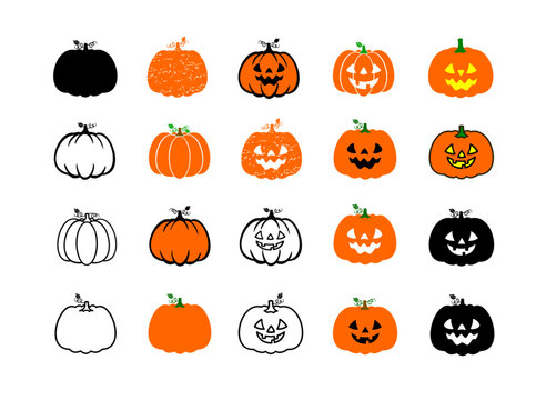 Set of halloween pumpkins outlined and colored. Pumpkin for autumn decorative design, halloween invitation, harvest thanksgiving.