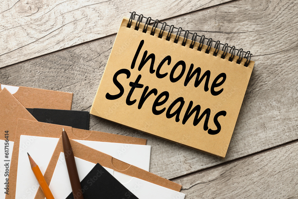 Poster craft open notebook with text on wooden table. income streams