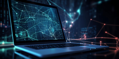 An image of an open laptop screen and 3D business charts, holographic or space style and in dark colors. Generative AI