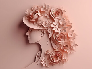 Paper profile of a beautiful woman with flowers in her hair, close-up. Generative AI