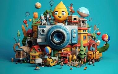 3d render of World Photography day, cartoon characters with camera

