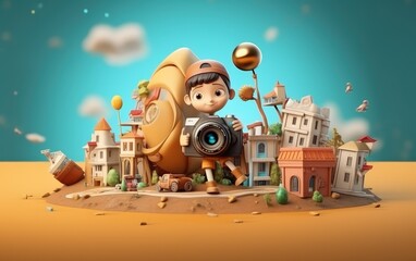 3d render of World Photography day, cartoon characters with camera