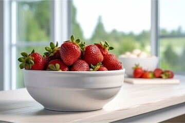 Atmospheric photo of fresh strawberry in the white bowl