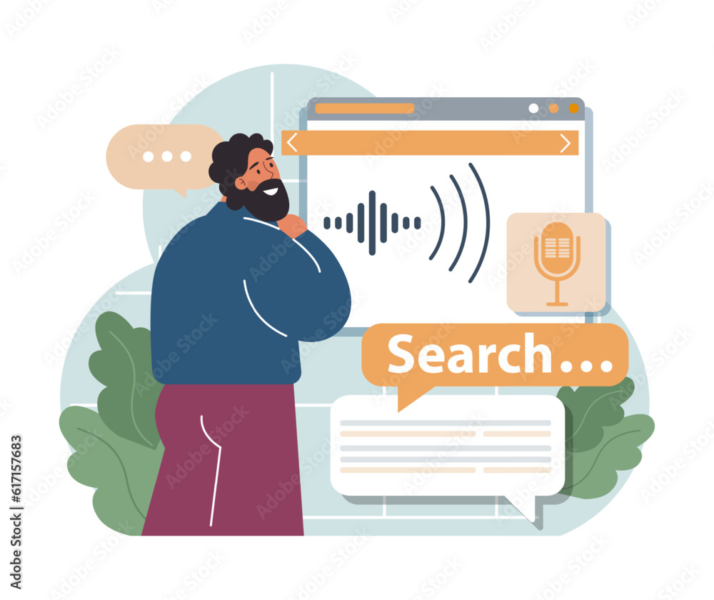 Sticker voice search. artificial intelligence virtual assistant. man speaking