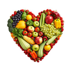 Fresh fruits and vegetables in the shape of a heart on a white background. Cut out background. Generative AI.