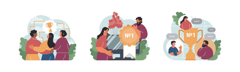 Group of people celebrating an overall victory set. Teamwork or friends