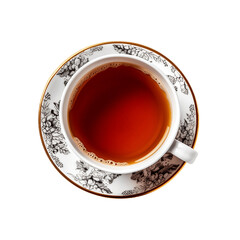 A cup with a saucer in which green tea is poured top view on a white background. Cut out background. Generative AI