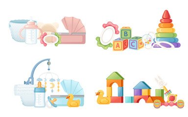 Set of items for baby care carriage milk bottle and toys vector illustration isolated on white background
