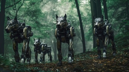 A group of Futuristic Wolf robots in the forest