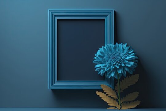 blue flower in front of a matching blue picture frame. Generative AI