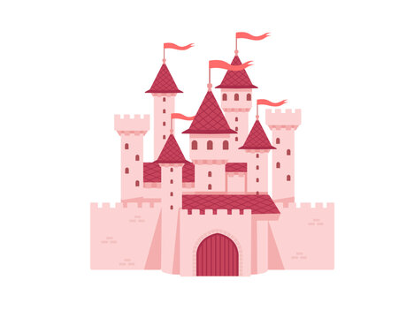 Fantasy medieval stone castle with towers gate and flags pink color style vector illustration isolated on white background