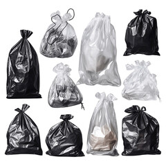 Garbage bags of different sizes black and white on a white background. Cut out background.
