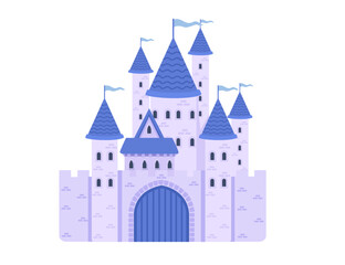 Fantasy medieval stone castle with towers gate and flags purple color style vector illustration isolated on white background