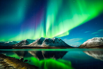 Aurora borealis creates a captivating visual spectacle above the illuminated setting. Generative AI.