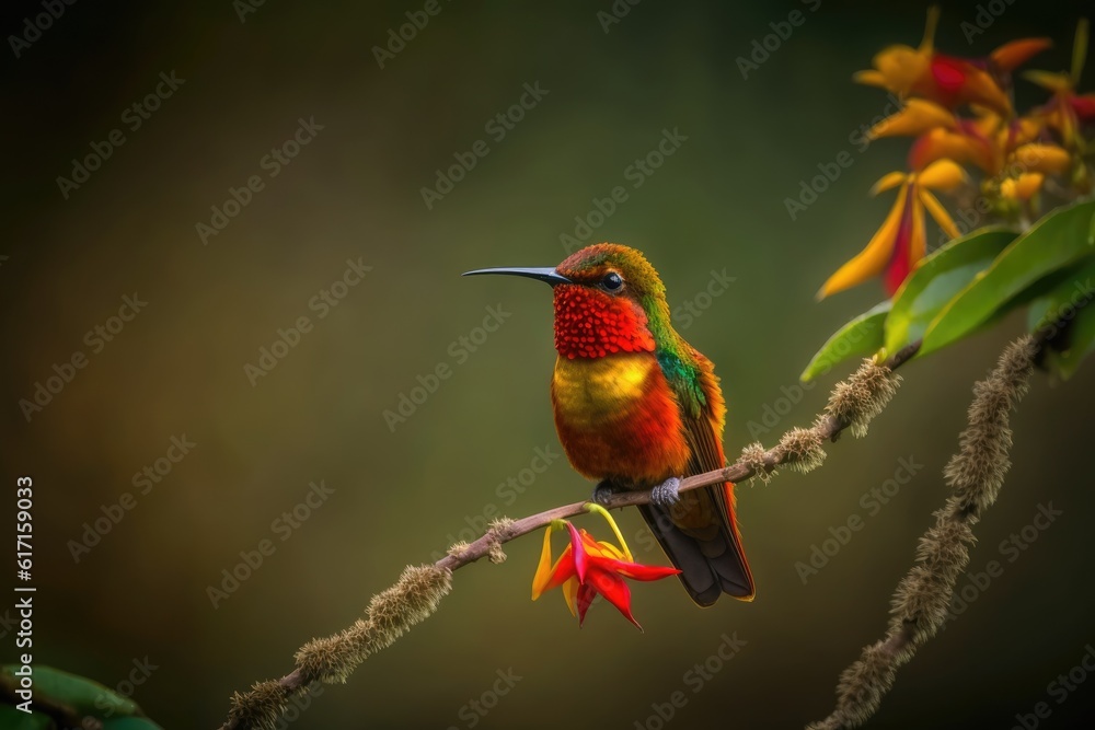 Poster brightly colored bird resting on a tree branch. generative ai