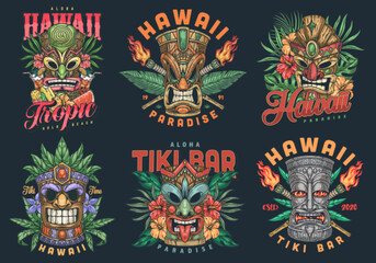 Tiki masks set emblems colorful