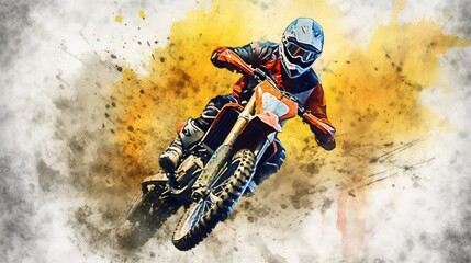 Motocross rider in action on the track in the air over splatter