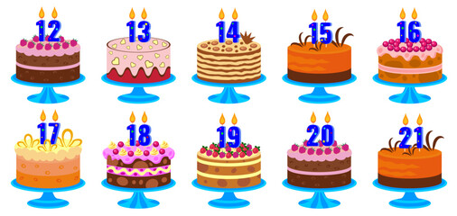 Set of birthday cakes with candles