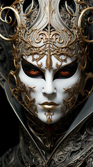 Close up of war forged warrior, abstract fantasy artwork, surrealistic elements, dark white and light gold, robotic character steampunk and sci-fi concept.